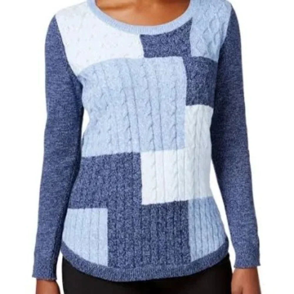 Karen Scott Blue Patchwork Cable Knit Sweater - Picture 1 of 5